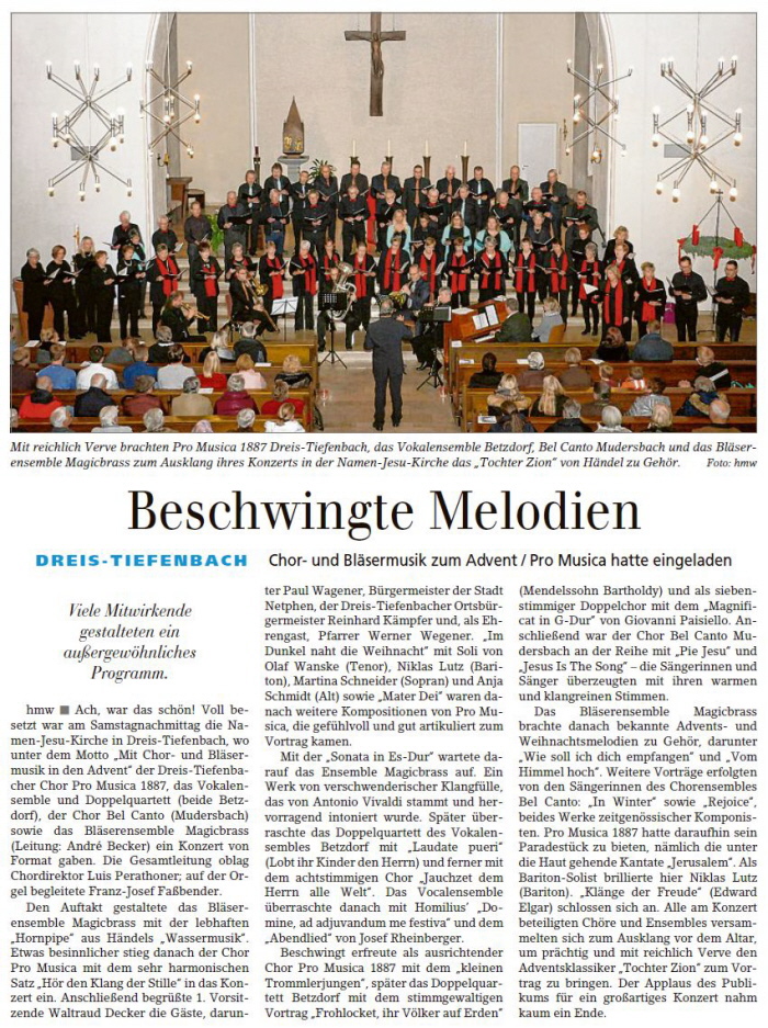 Tolles Konzert des Dreis-Tiefenbach Gesangverein Pro Musica 1887"