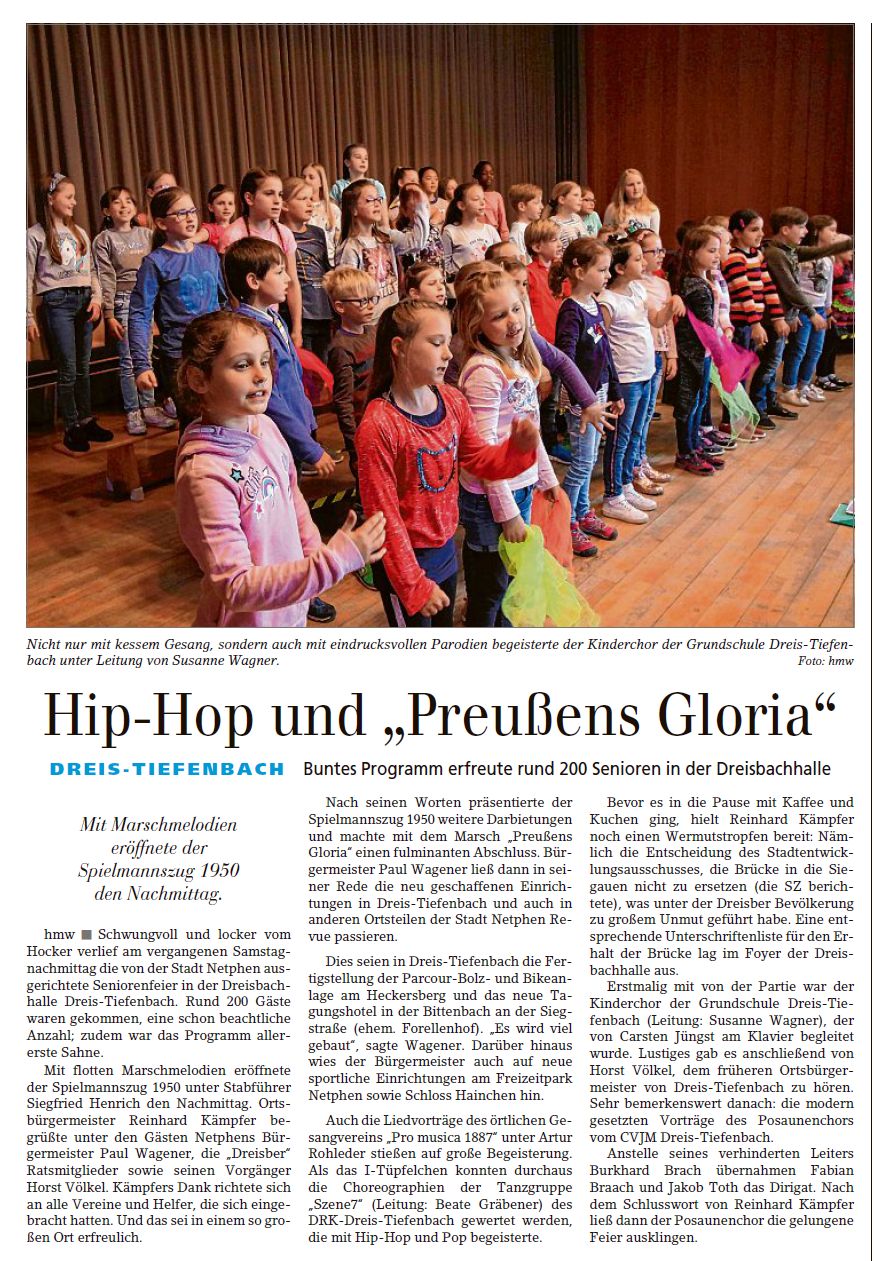 Dieser Artikel in der Siegener Zeitung vom 6. Mai 2019 über die Seniorenfeier am 4. Mail in Dreis-Tiefenbach wurde zum Aufmacher im Lokalteil