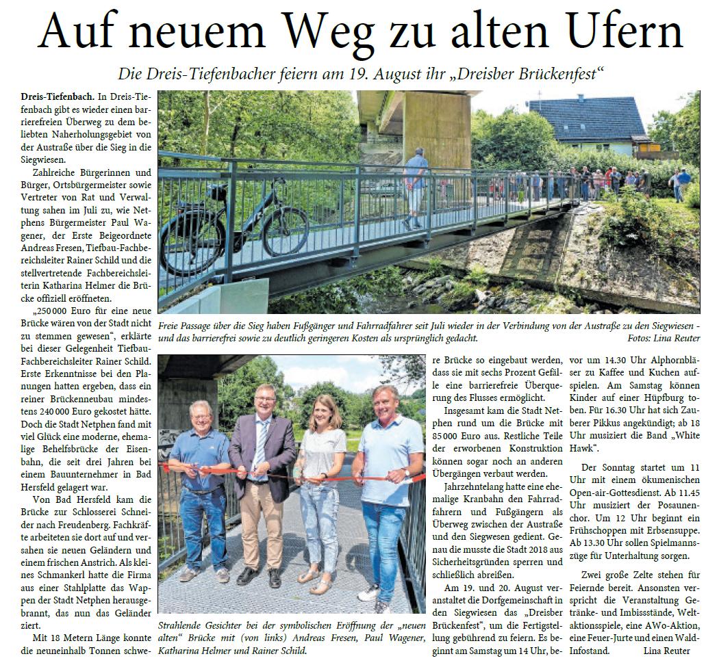 Auf neuem Weg zu alten Ufern - Die Dreis-Tiefenbacher feiern am 19. August ihr „Dreisber Brückenfest".